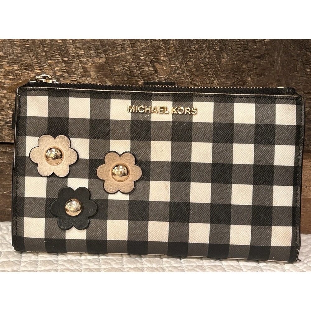 Michael Kors Gingham Double Zip Wristlet Wallet Floral